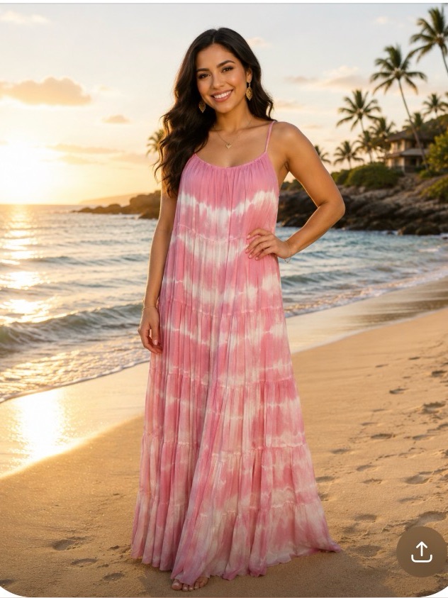 Storia Pink And Cream Tie-Dye Maxi Dress With Spaghetti Straps Beach Vacation